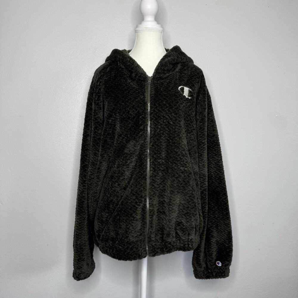 Champion Olive Green Plush Fleece Zip Up Hoodie Jacket Size XL